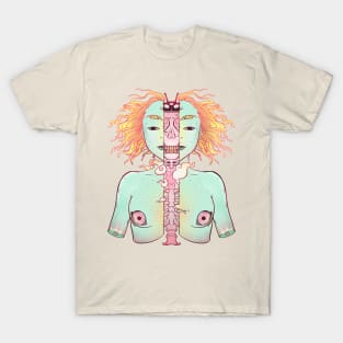 Split Skeleton Girl With Cat Head T-Shirt